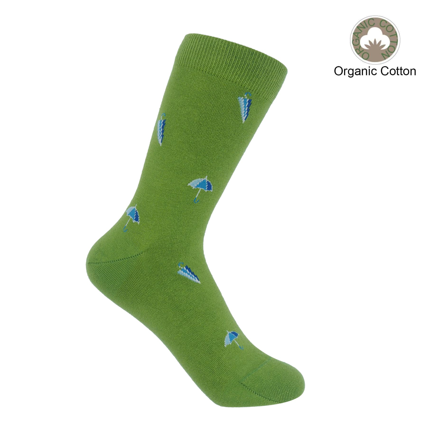 Green sock with blue geometric patterns on a white background, featuring 'Organic Cotton' label.