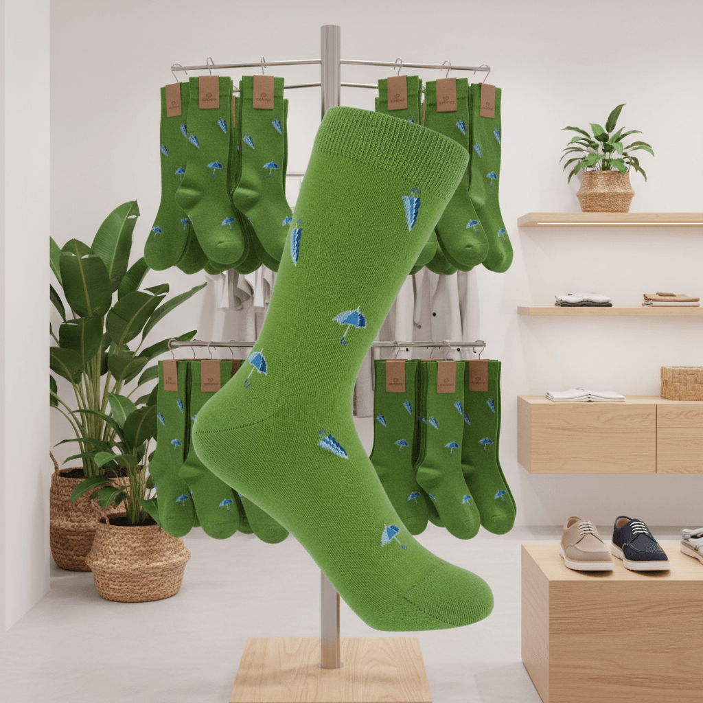 Green socks with blue designs on a stand in a store setting with plants and shelves.