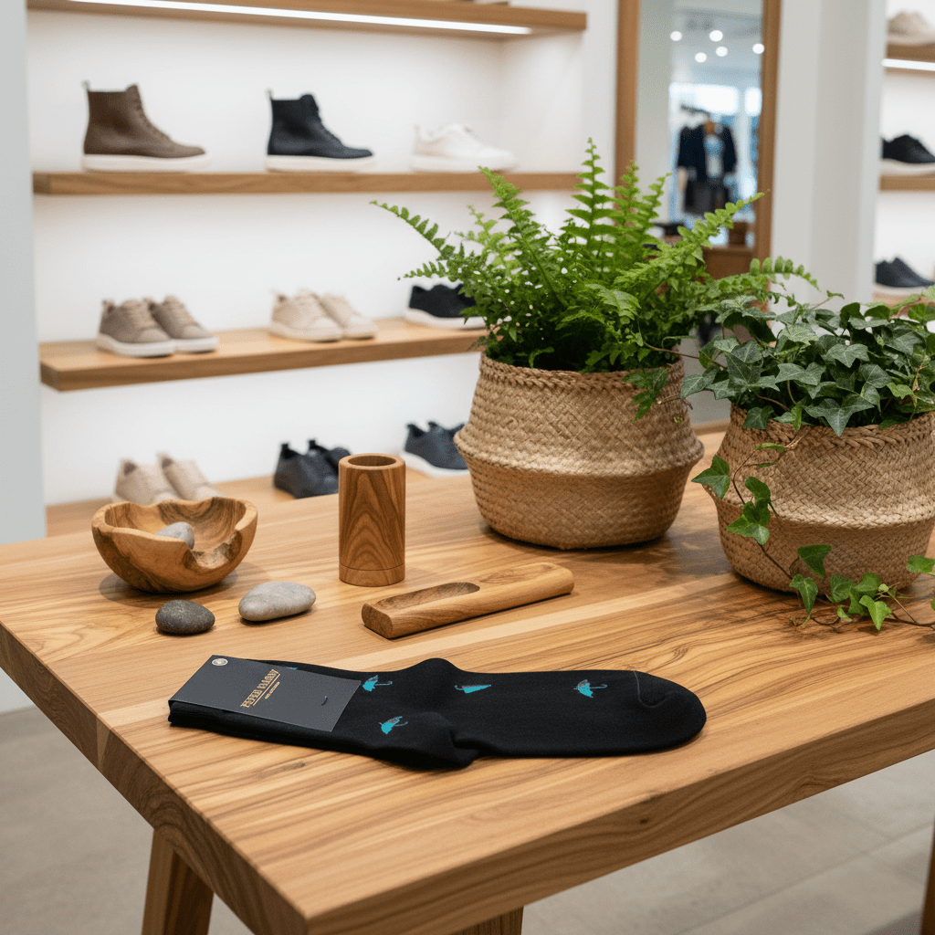 Black socks with blue accents on a wooden table with plants and shoes in the background