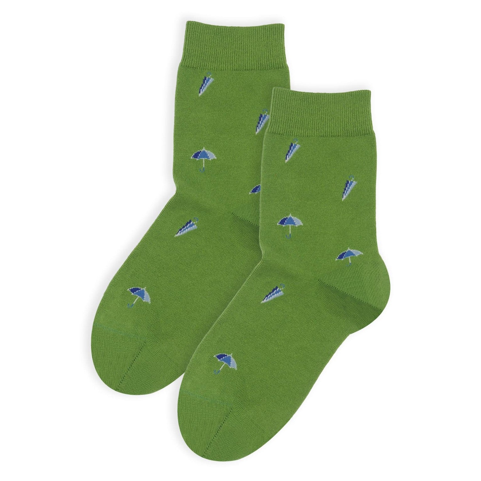 Green socks with small blue umbrella patterns on a white background