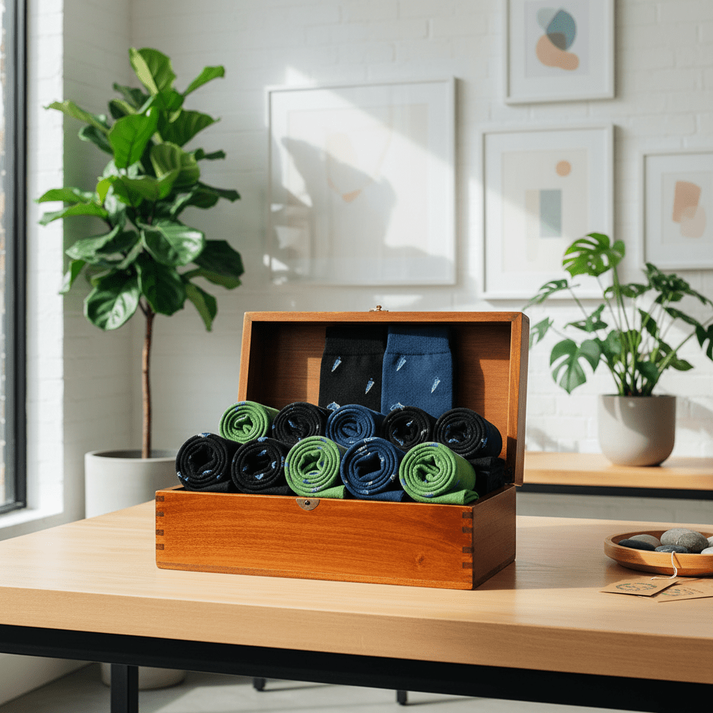 Wooden box with rolled-up socks on a table in a bright room with plants