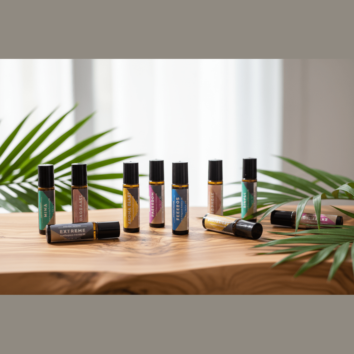 Set of roller bottles containing perfume on a wooden surface with green leaves in the background 