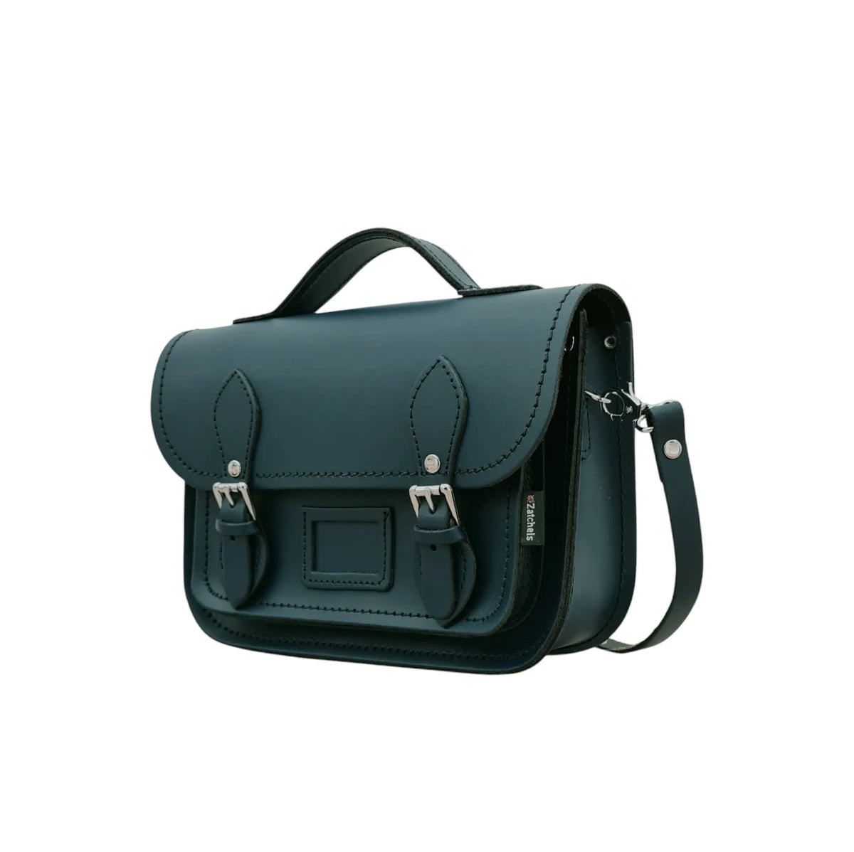 Angled view of Zatchels Pine midi satchel showing its front pocket and detachable shoulder strap