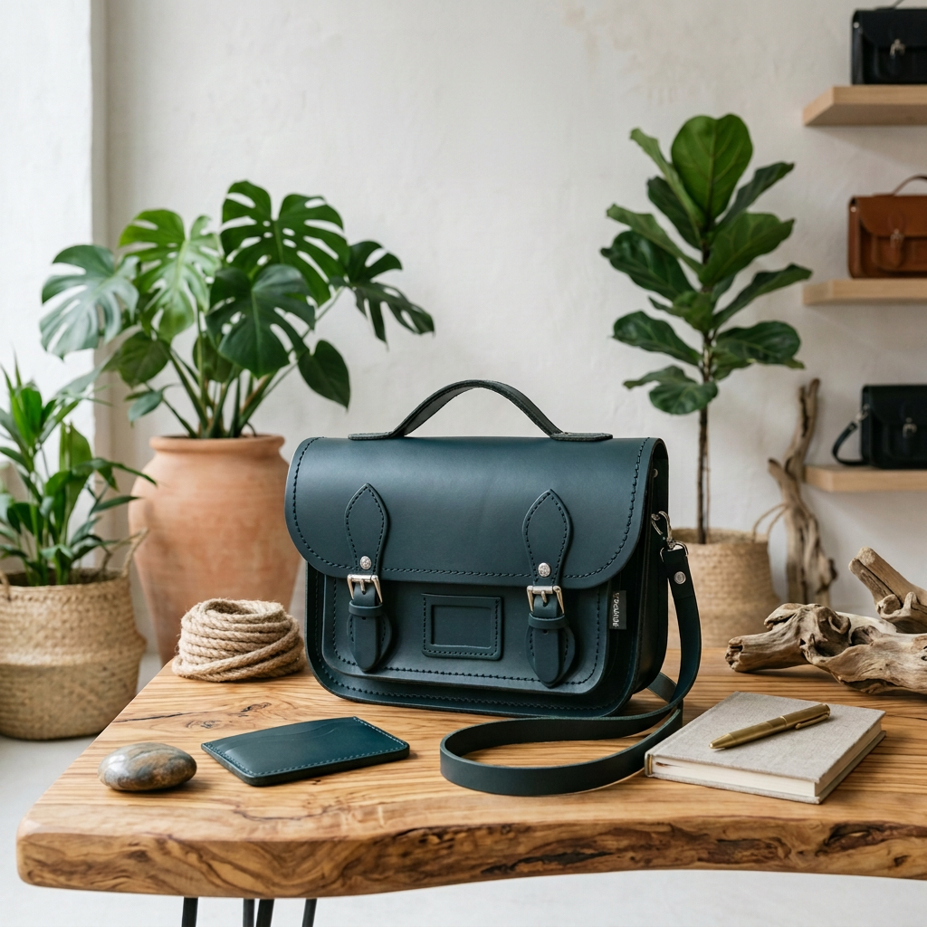 Zatchels Pine leather midi satchel with shoulder strap on a wooden table beside a notebook and plants
