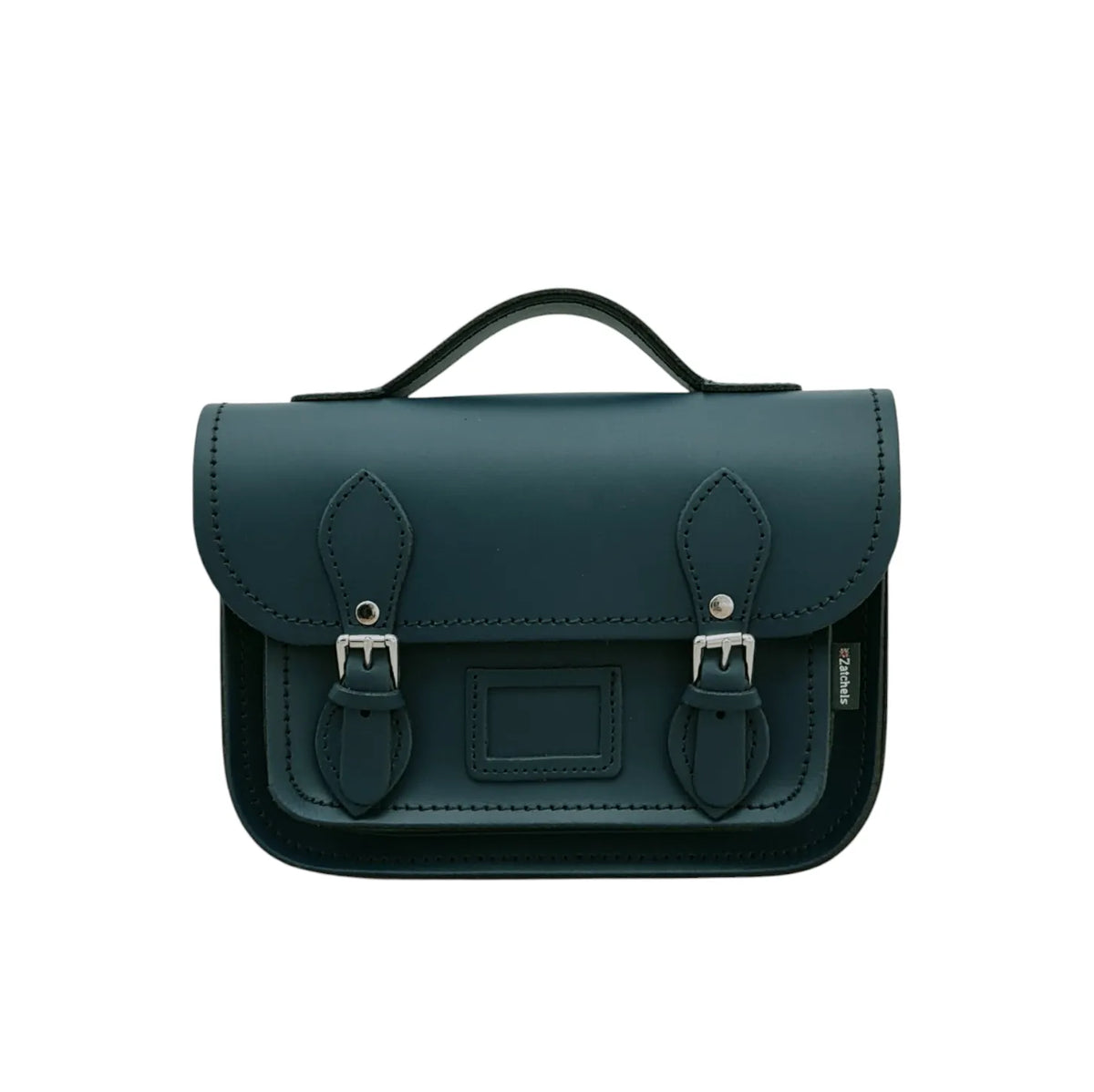 Front view of Zatchels Pine leather midi satchel with top handle and silver-coloured buckles