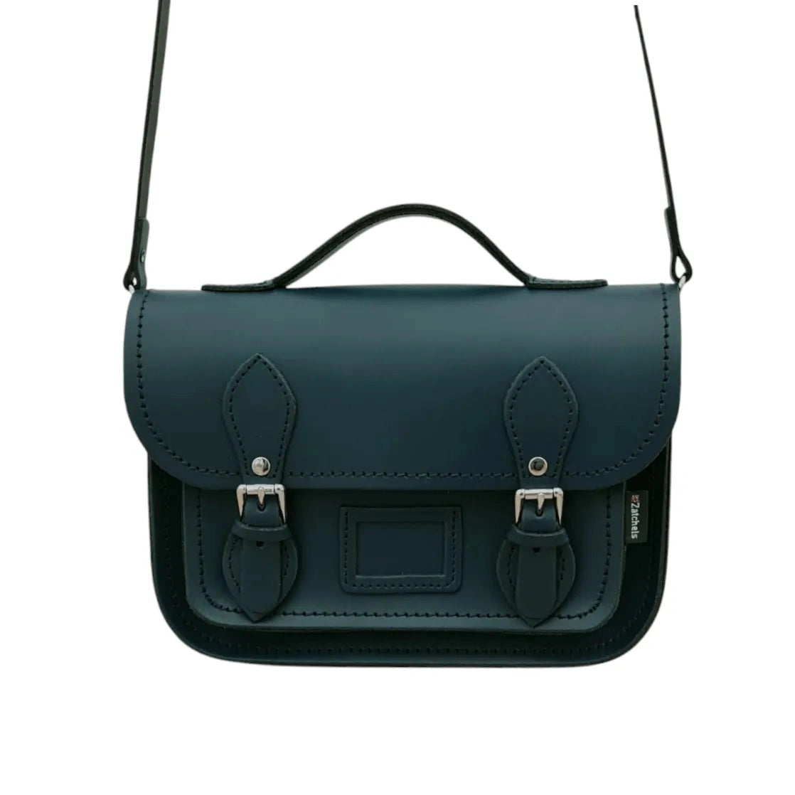 Zatchels Pine leather midi satchel hanging from its matching shoulder strap against a white background