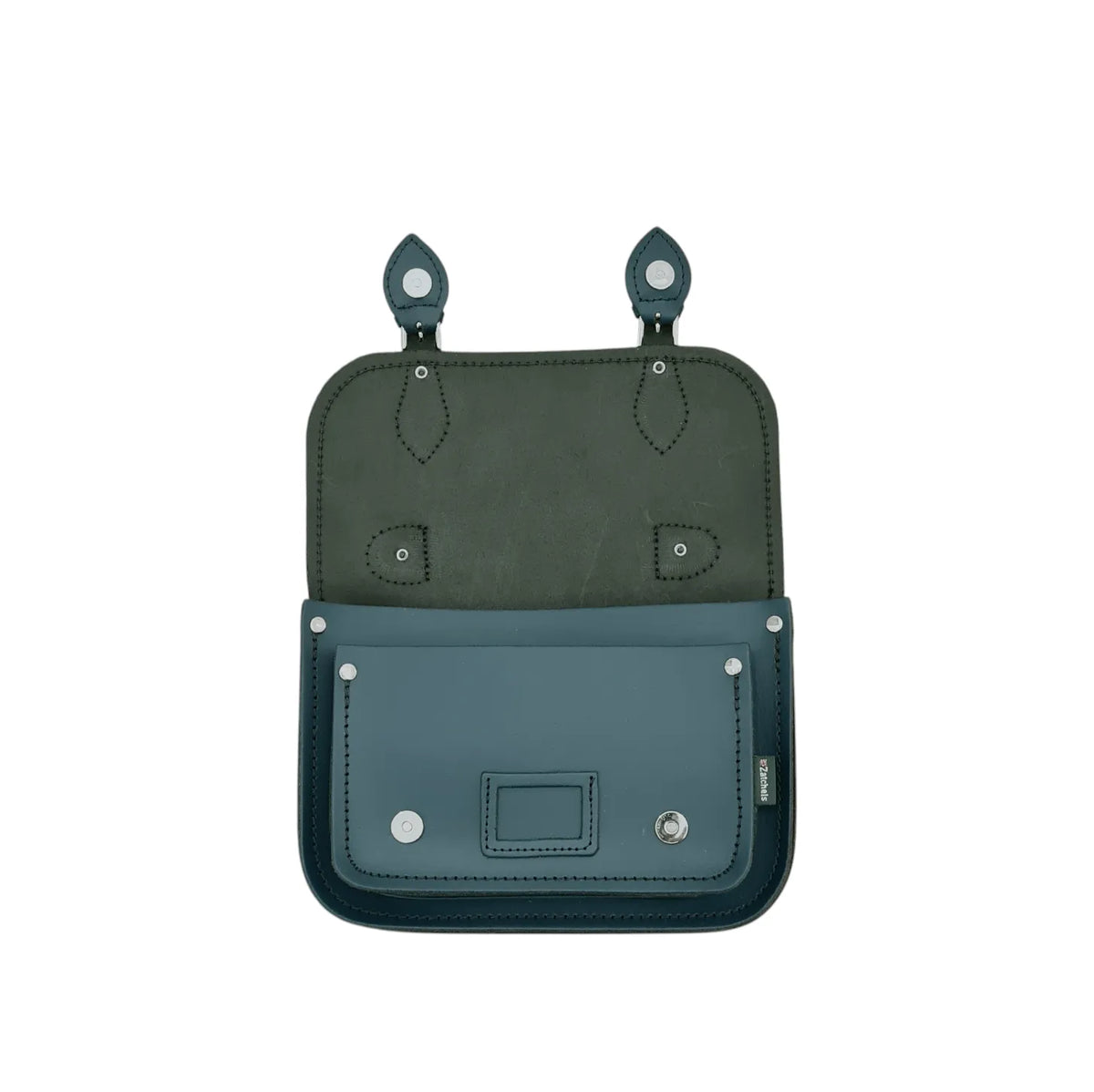Zatchels Pine midi satchel with flap open, showing concealed magnetic fastenings and front pocket.