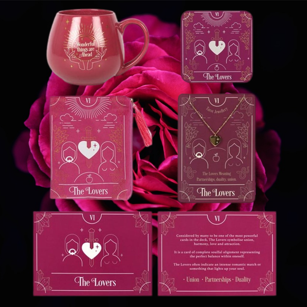 Emmy Jane Boutique - Romantic Gifts For The One You Love - The Lovers Tarot Gift Set This new Lovers Tarot Gift Set comes beautifully presented in a recyclable, black-lined box with eco-friendly shredded paper filling. Arrives ready to gift for birthdays, Valentine's Day, anniversaries, or special pick-me-ups with an added insert card. The Gift set includes Lovers Tarot Card Coaster Lovers Tarot card Zipper Pouch Lovers Tarot Necklace Card Pink Fortune Teller Colour Changing Mug.