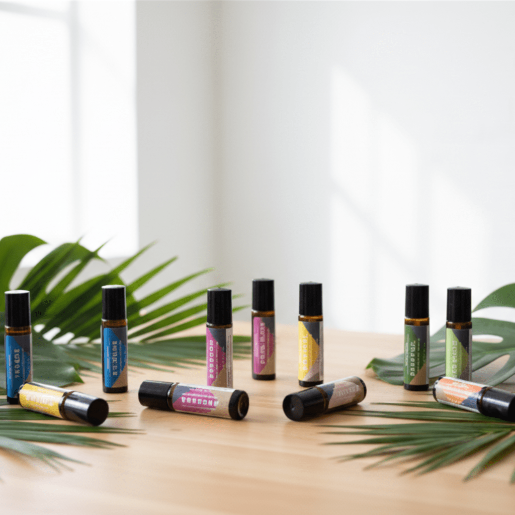Row of small perfume oil bottles with black caps on a wooden surface with green leaves.