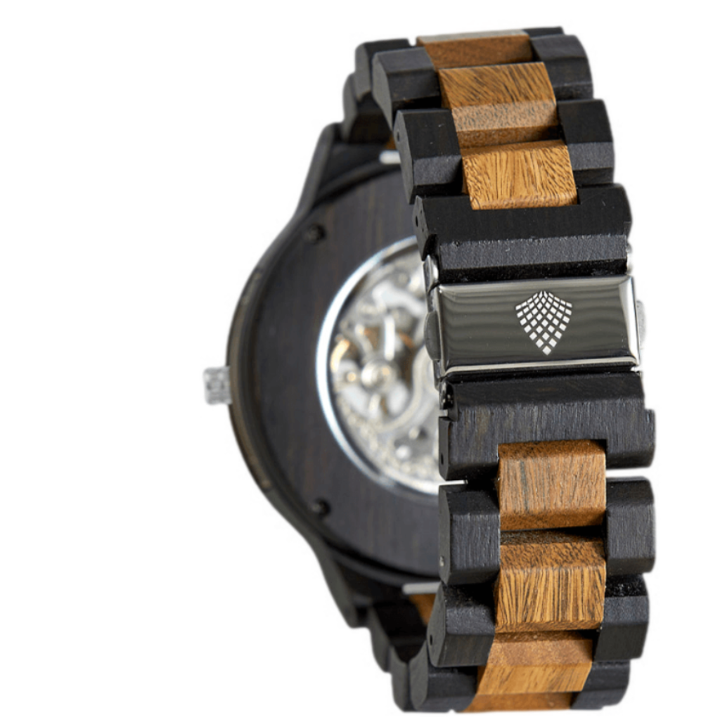 Emmy Jane Boutique - Recycled Wood Watch - The Hemlock - Eco-Friendly Sustainable & Vegan. A natural wood watch body and strap handcrafted from recycled ebony and green sandalwood with exposed mechanical movement