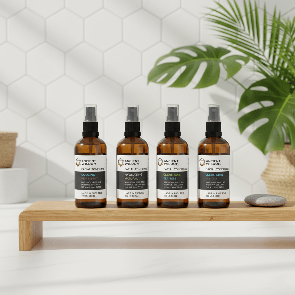 Four bottles of facial toner on a wooden shelf with a white tiled wall and plant in the background.