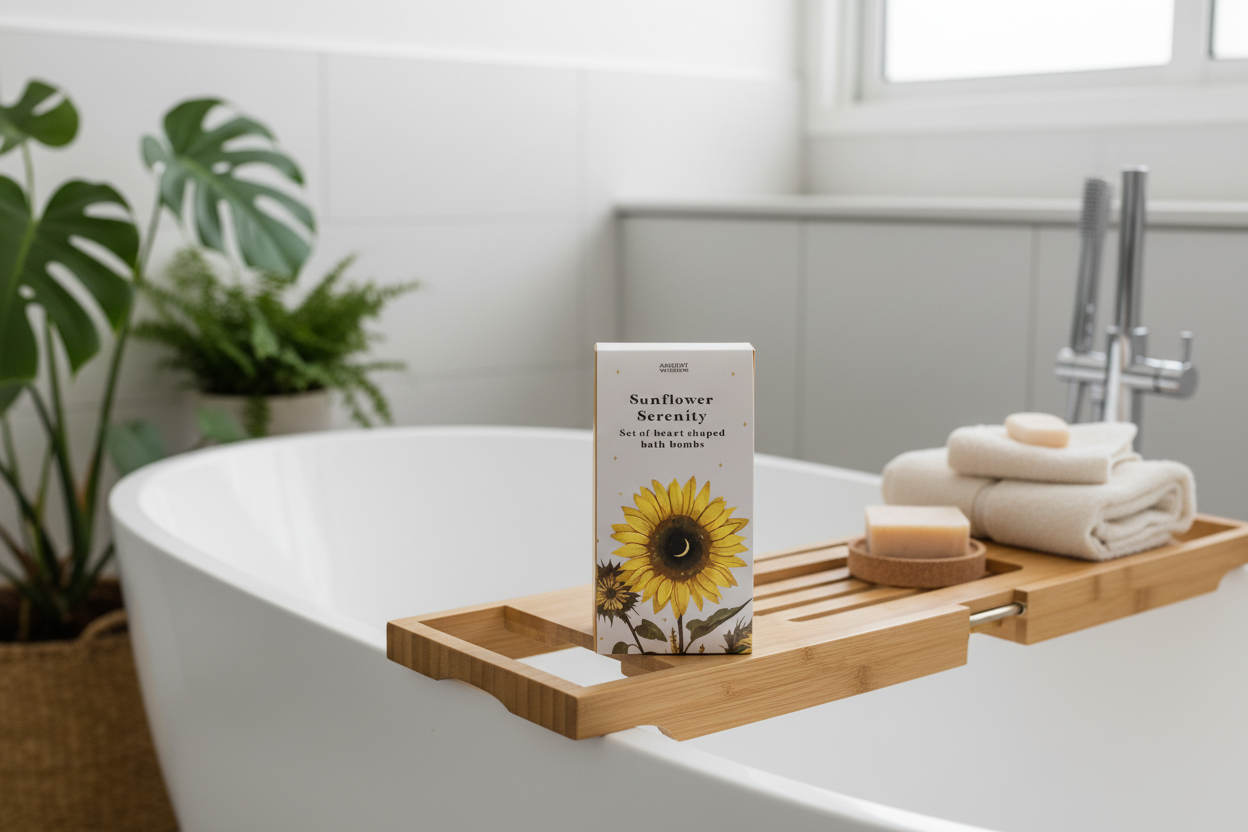Bathroom setting with a wooden bath caddy on a bathtub, featuring a box of Sunflower Serenity Bath Bombs