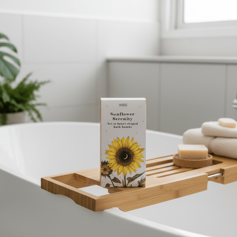 Bathroom setting with a wooden bath caddy on a bathtub, featuring a box of Sunflower Serenity Bath Bombs