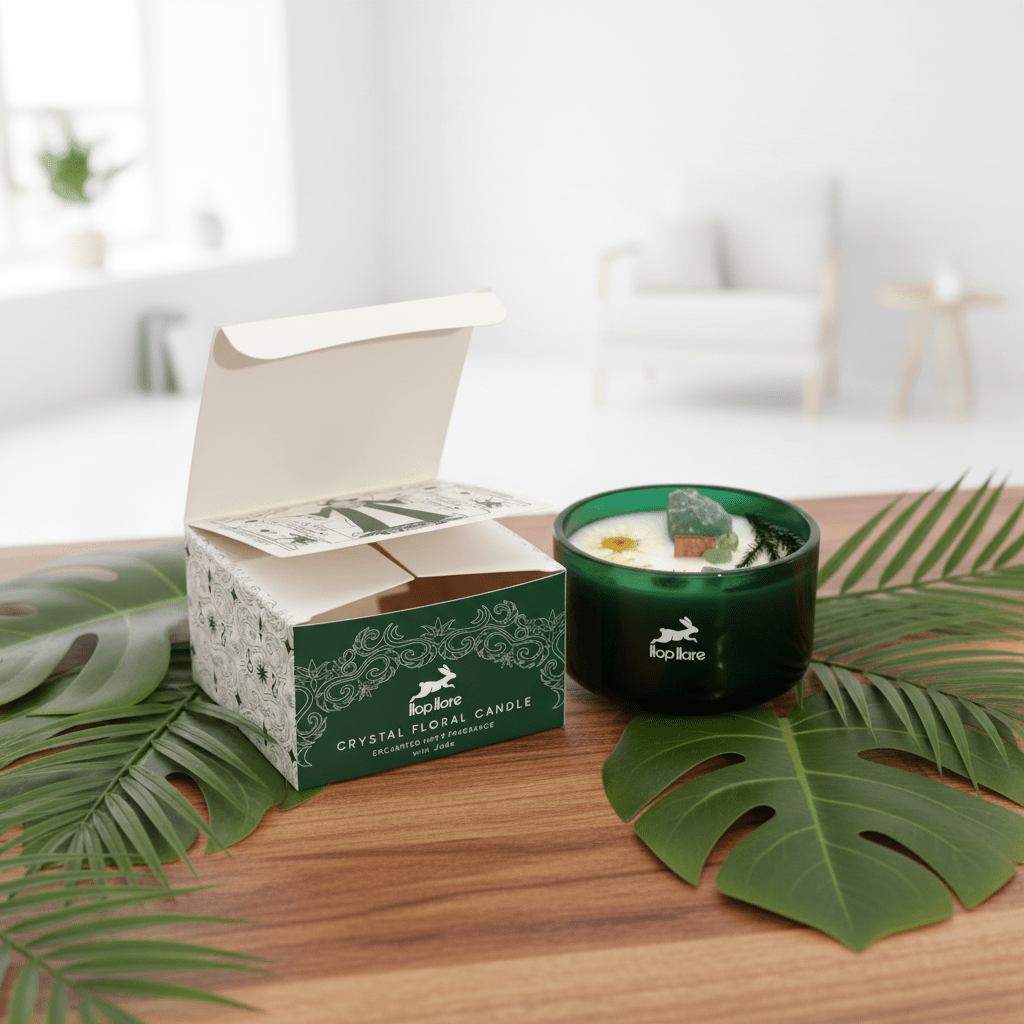 Crystal floral candle with packaging on a wooden surface with leaves