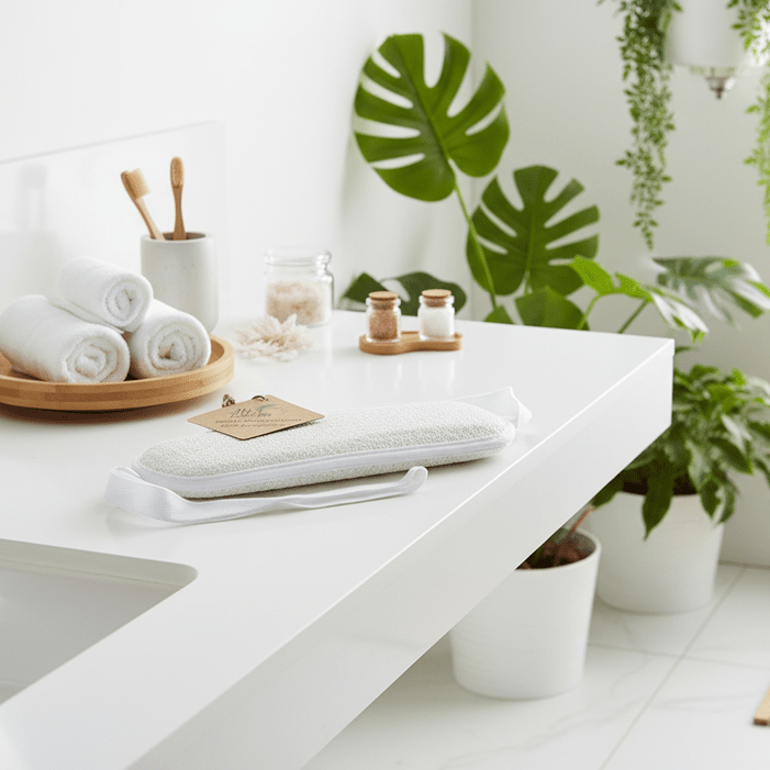Bathroom counter with towels, plants, and a mirror