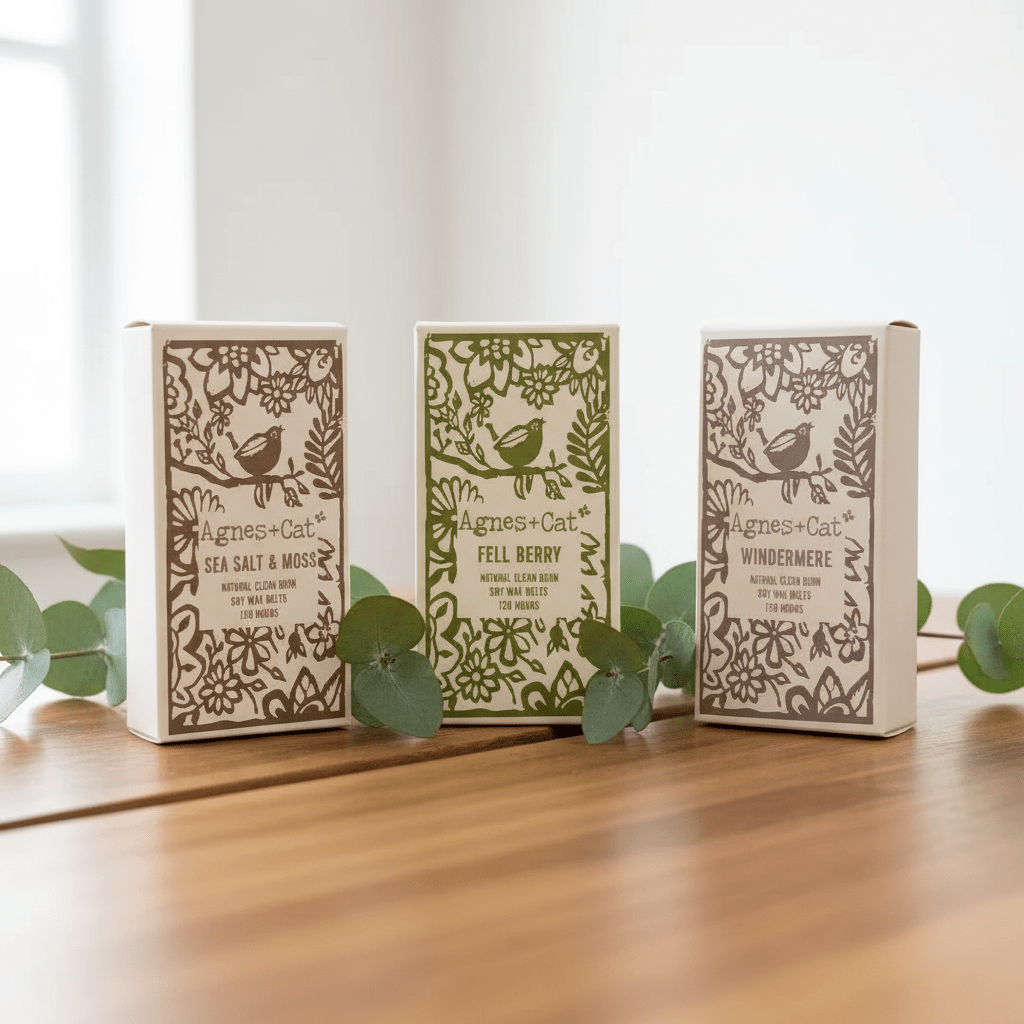 Three boxes of Agnes & Cat wax melts on a wooden surface with green leaves.