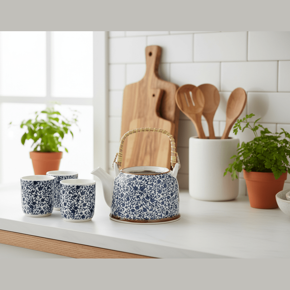 Kitchen counter with a blue and white teapot, cups, and wooden utensils.
