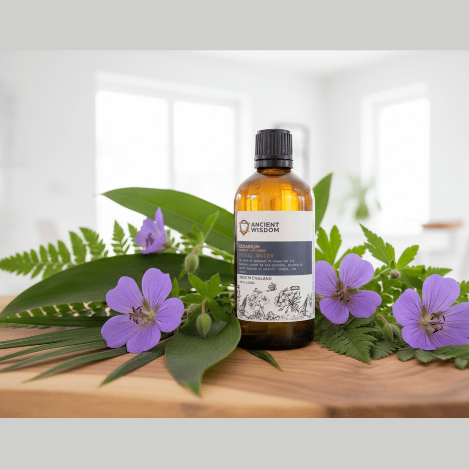 Bottle of 'Ancient Wisdom' oil with purple flowers and green leaves on a wooden surface.