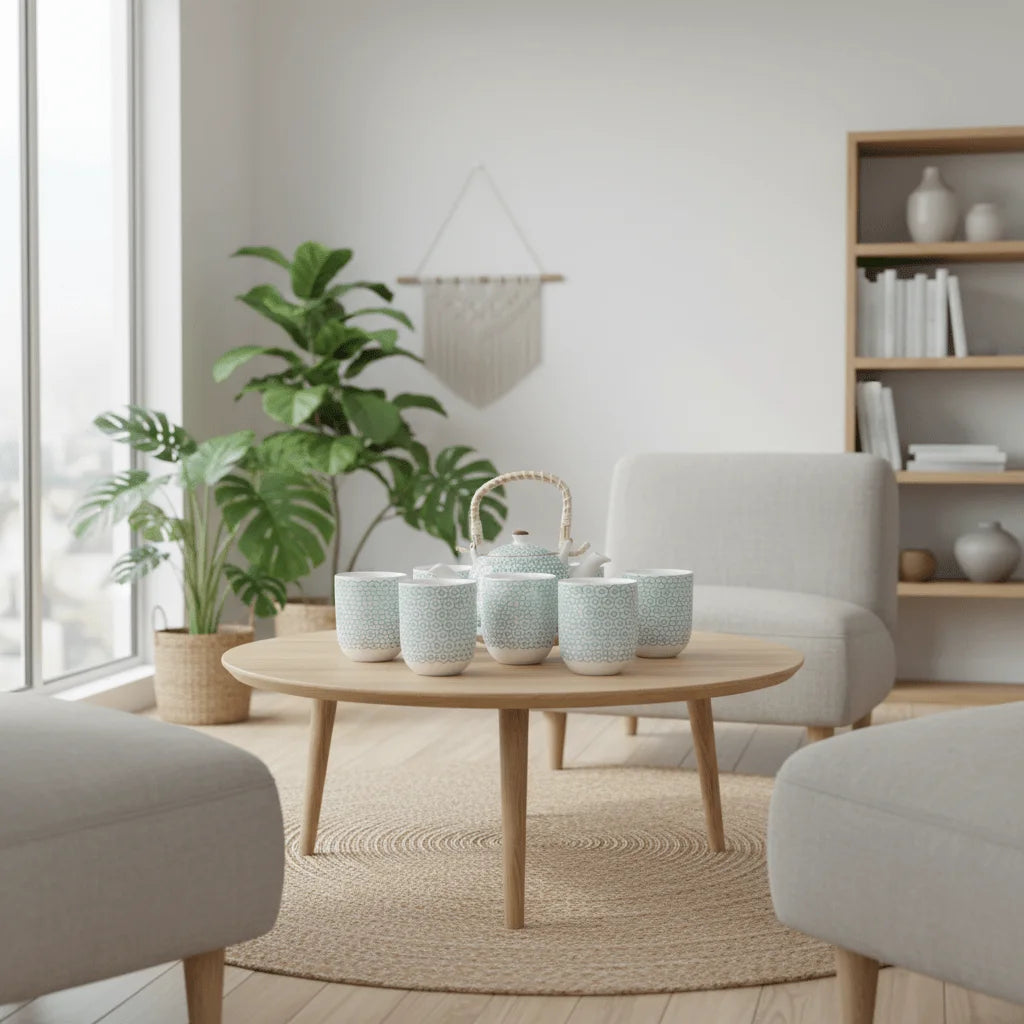 A tea set on a wooden coffee table in a modern living room, featuring plants and a white armchair.