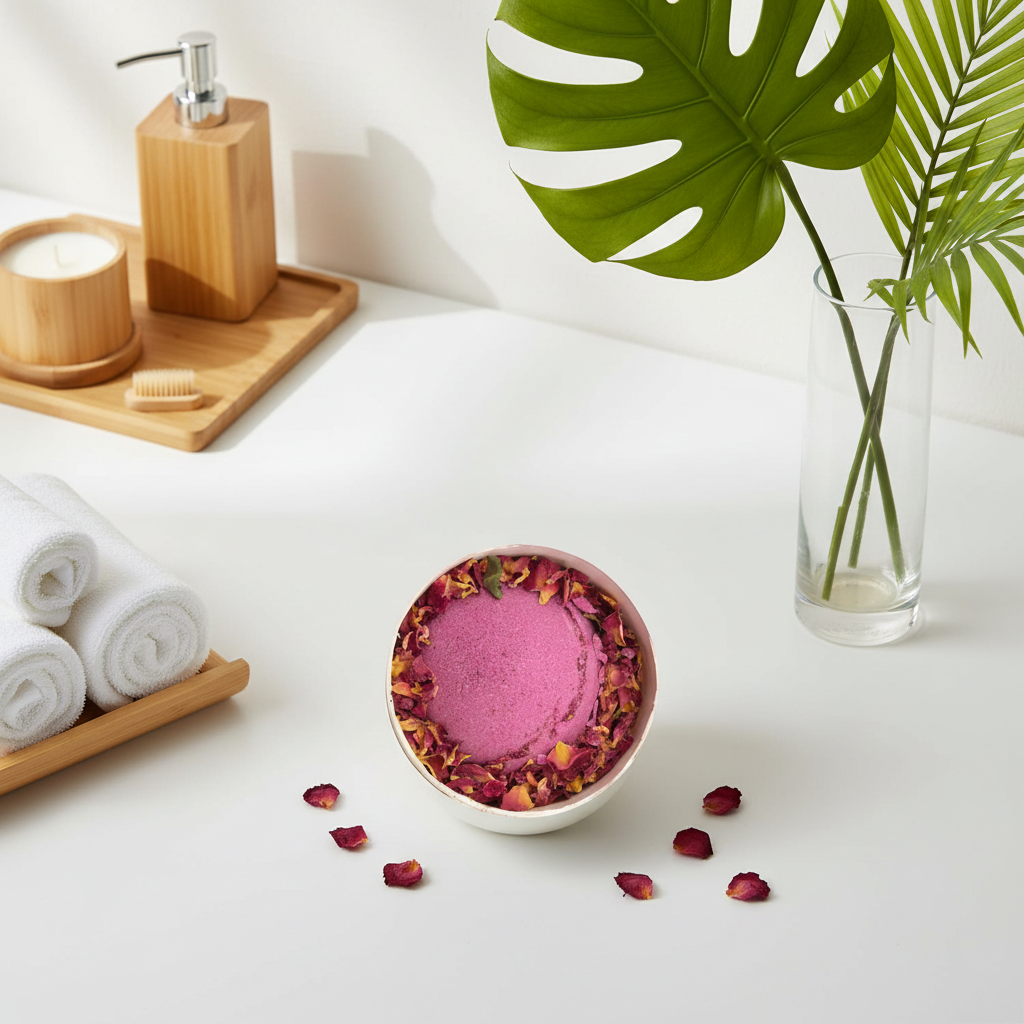 Pink bath bomb with rose petals in a white bowl on a white surface with towels, soap, and a plant in the background.