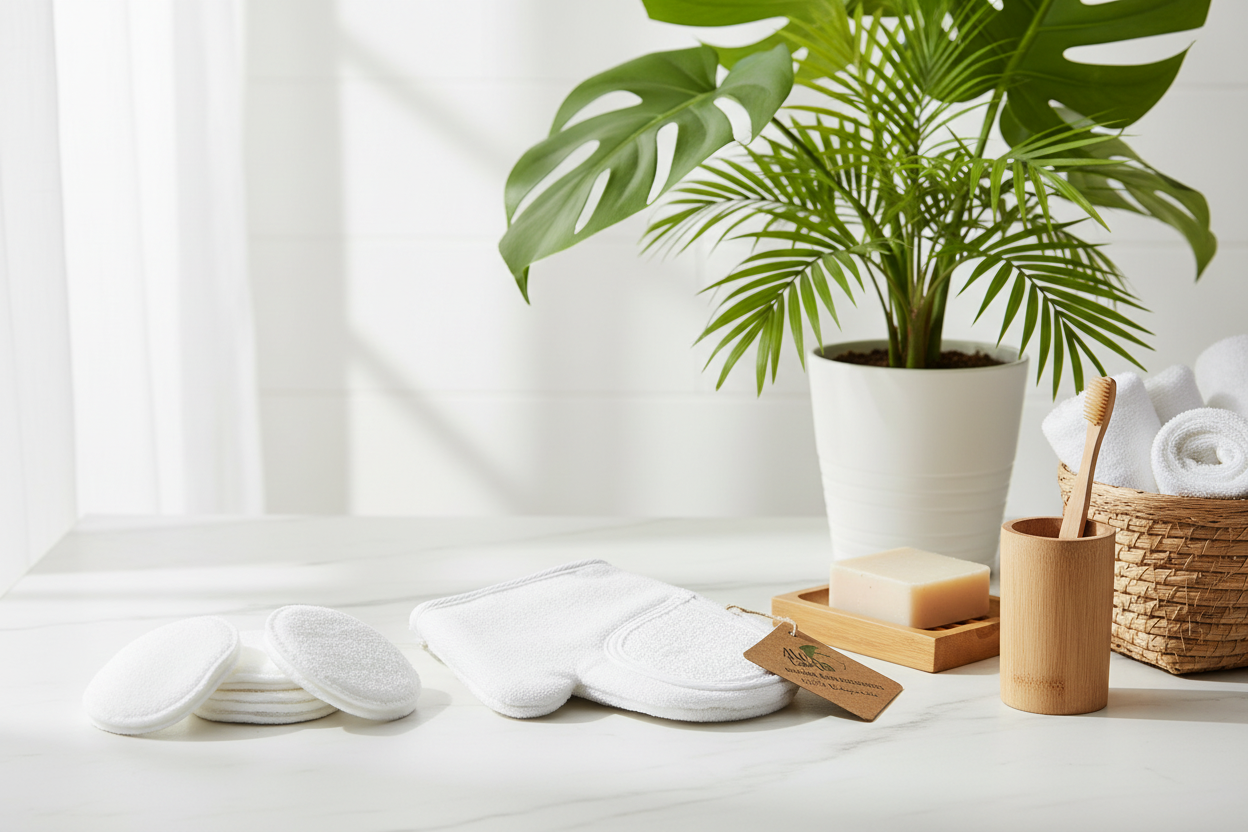 White cotton pads, a plant, and other items on a white surface with a light background