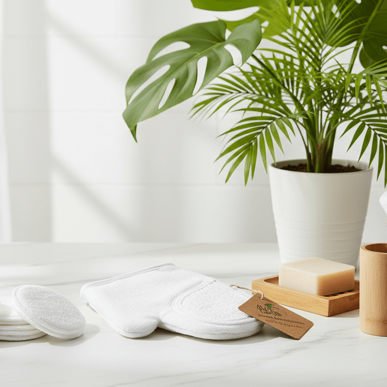 White cotton pads, a plant, and other items on a white surface with a light background
