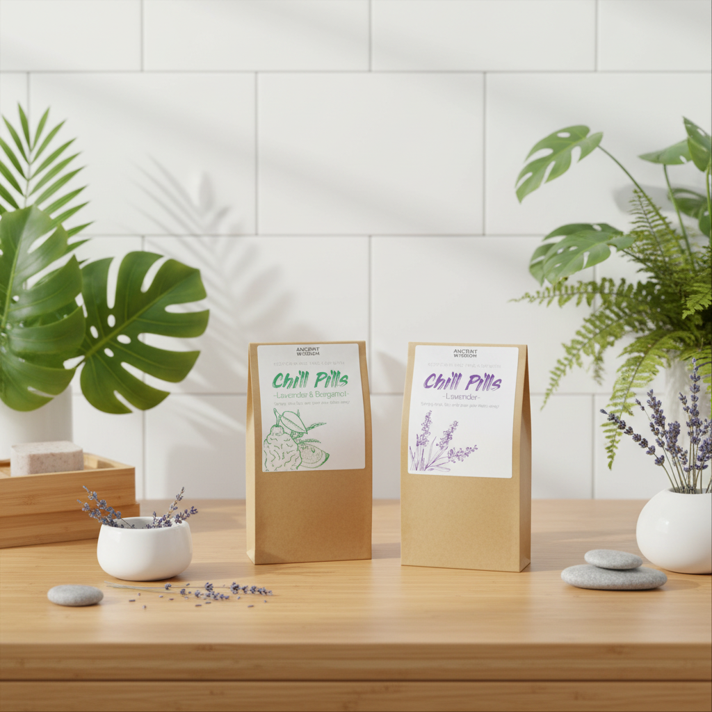 Two packages labeled 'Chill Pills' on a wooden surface with plants in the background