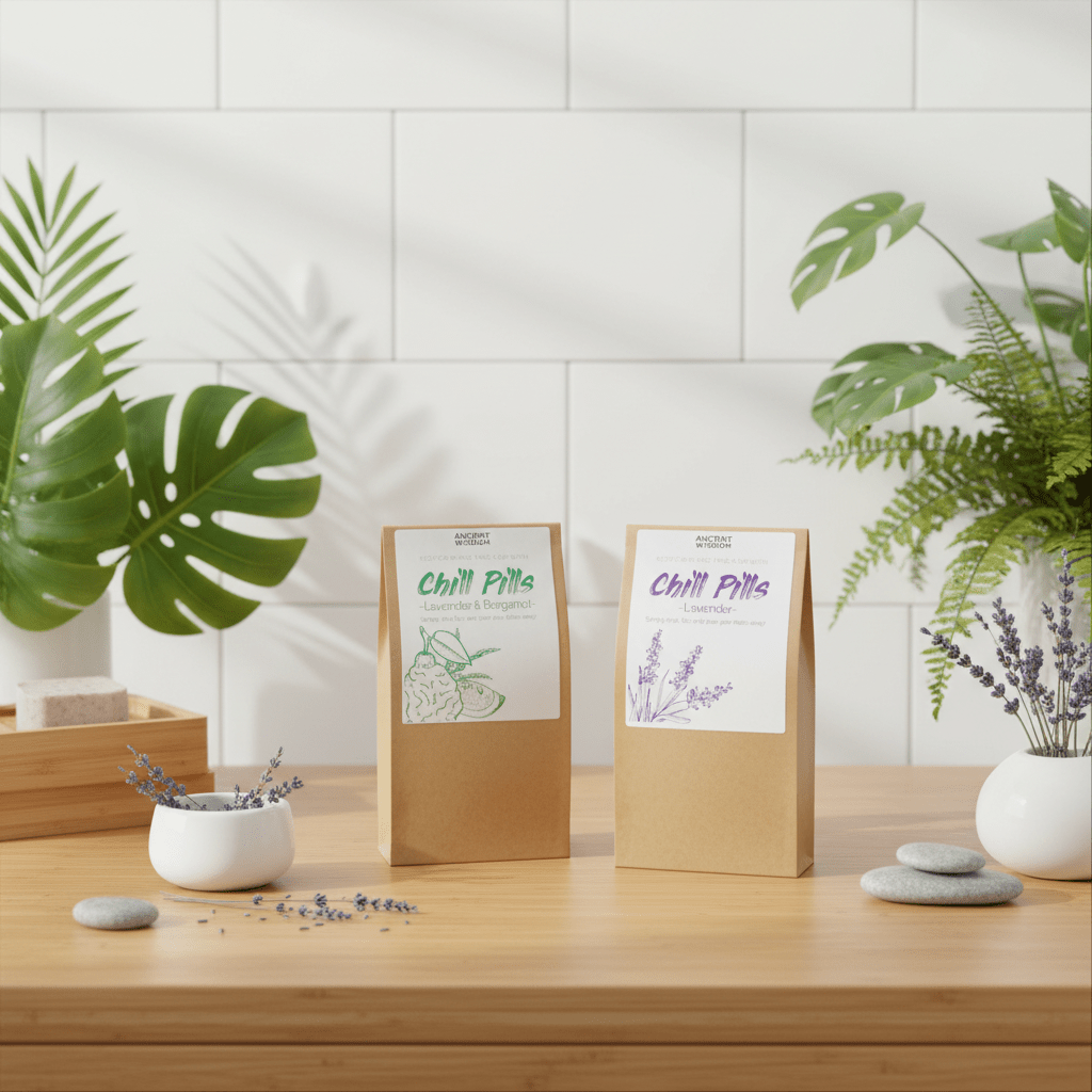 Two packages labeled 'Chill Pills' on a wooden surface with plants in the background
