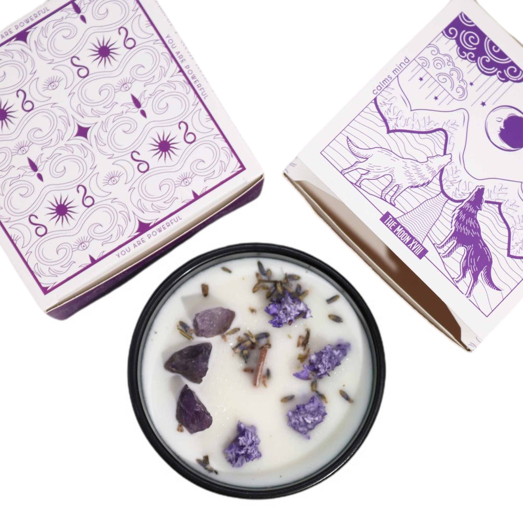 Crystal Magic Flower Candles - Hop Hare Botanical Gemstone Candles. Hop Hare Crystal magic flower candles offer a chance to embrace enchantment. Unveil the enchantment upon opening the box. A hidden tarot card reveals candles adorned with real gemstones and flowers.