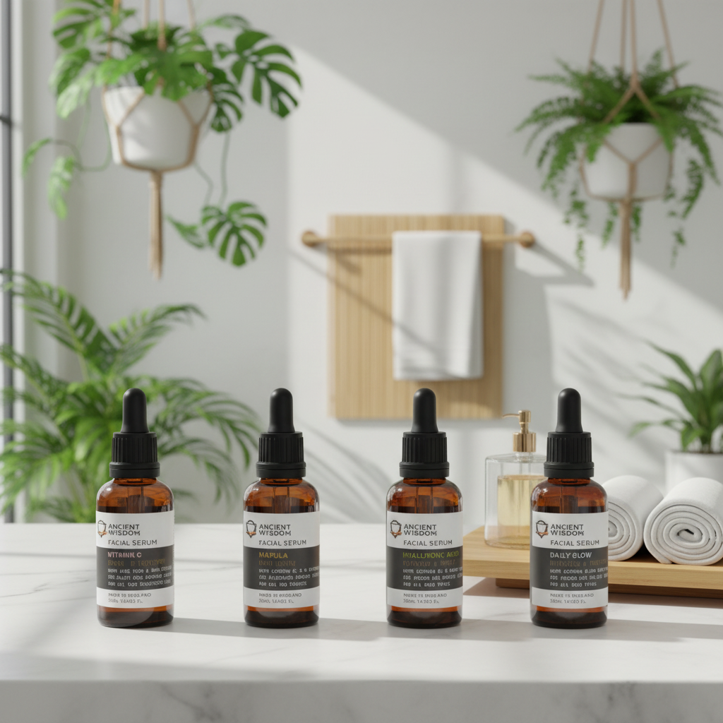 Four bottles of Ancient Remedies facial serum on a bathroom counter with plants in the background.