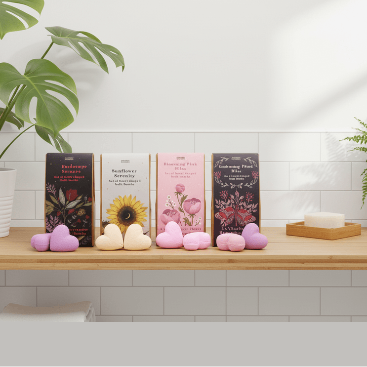 Bath bomb gift sets on a wooden shelf with plants and a tiled wall.