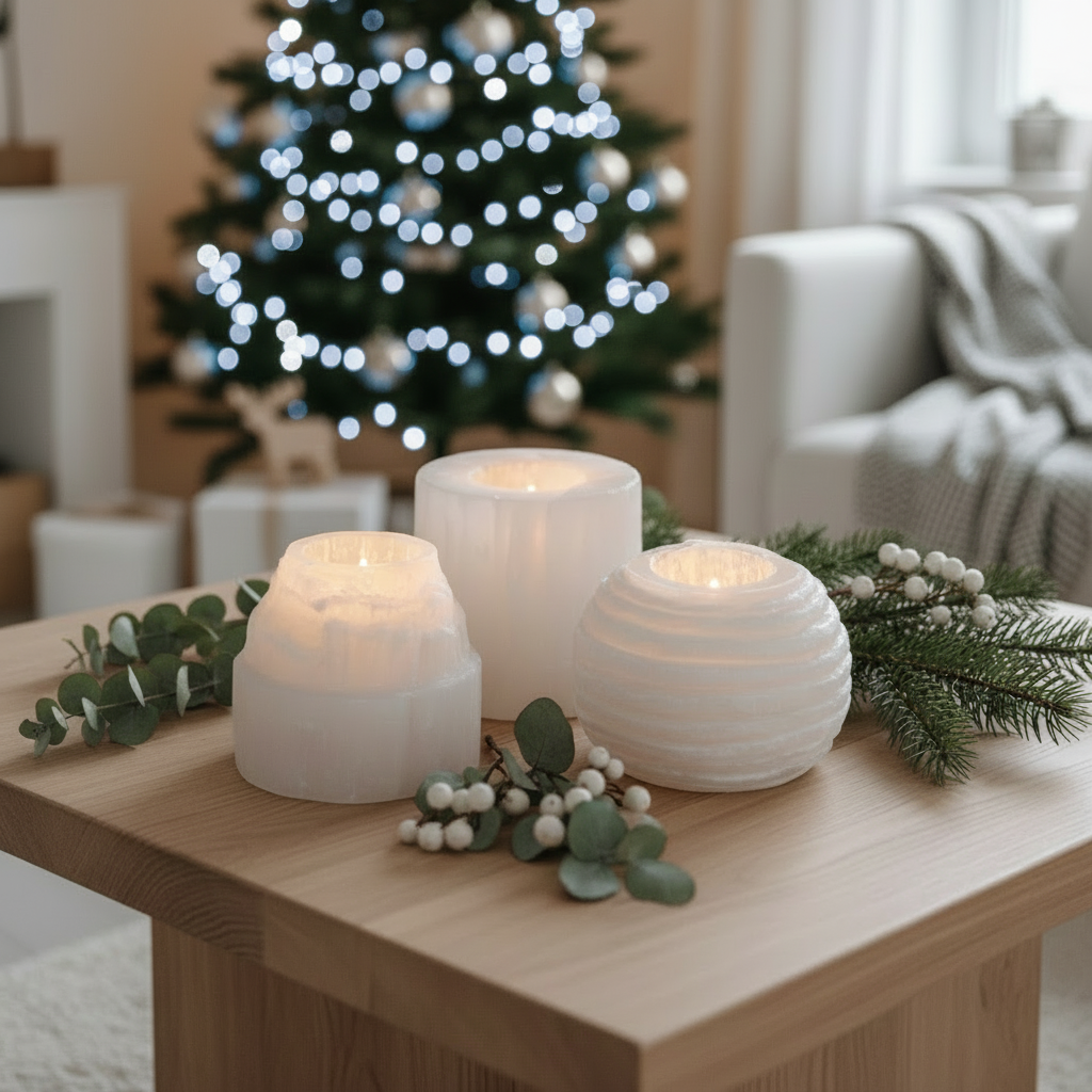Three white textured selinite candle holders on a wooden table with a decorated Christmas tree in the background.