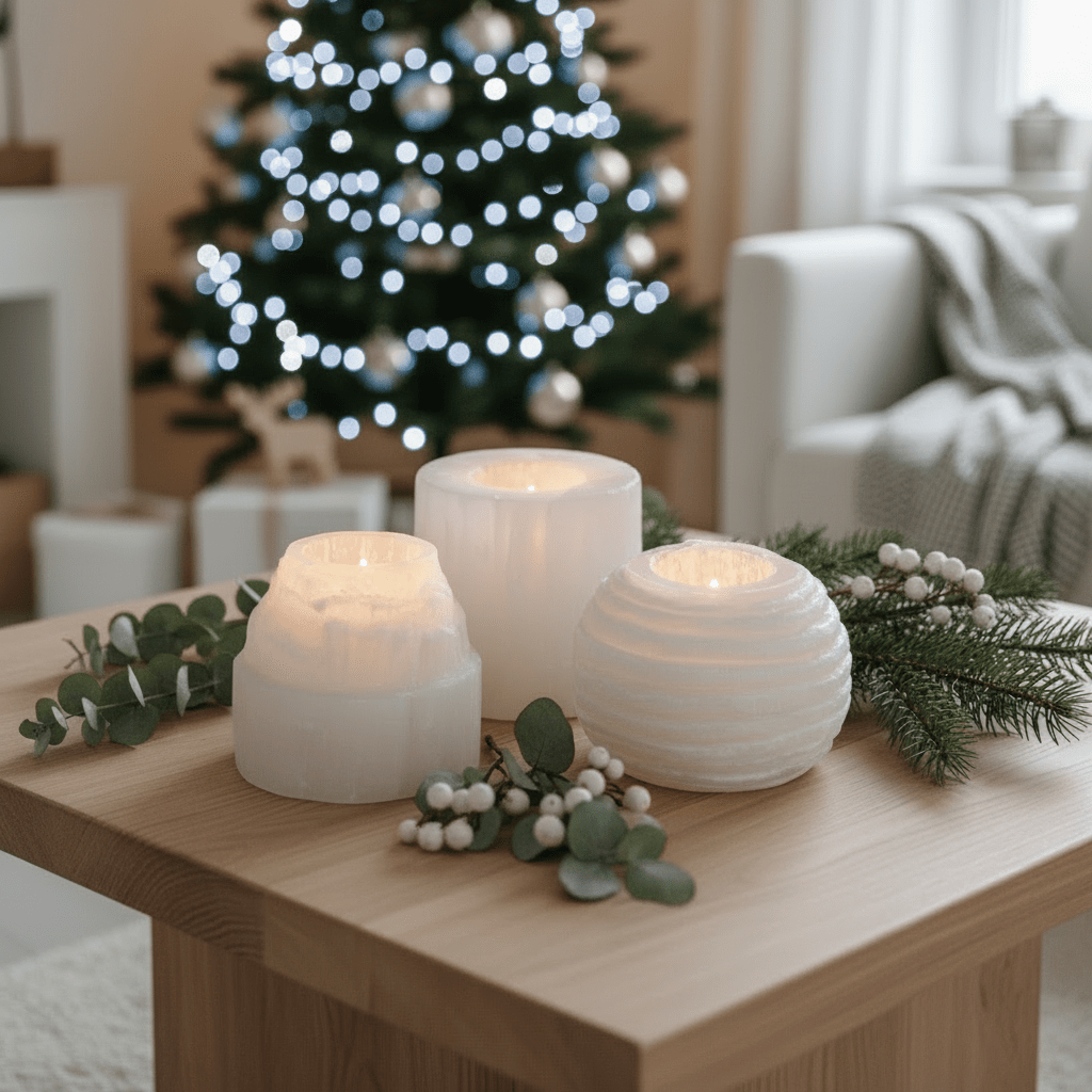 Three white textured selinite candle holders on a wooden table with a decorated Christmas tree in the background.
