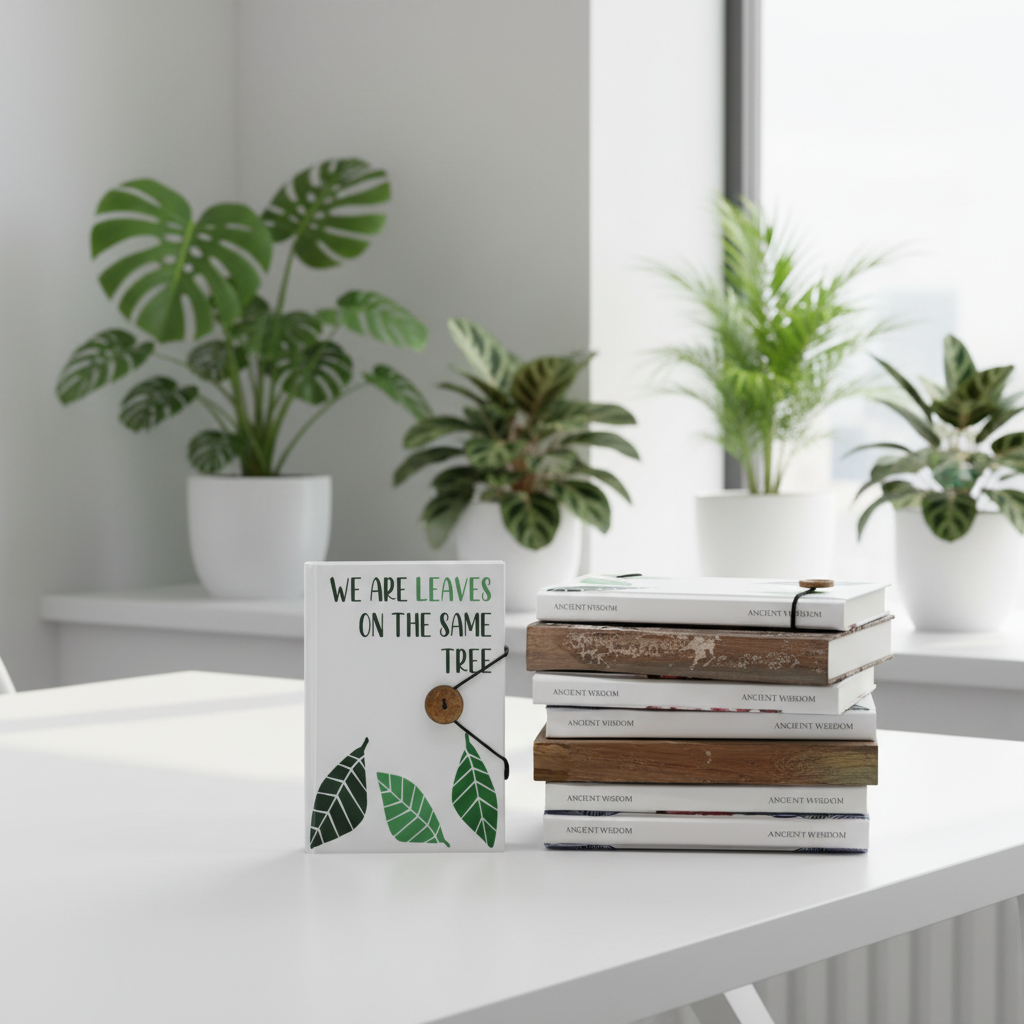 Stack of notebooks on a table with plants in the background
