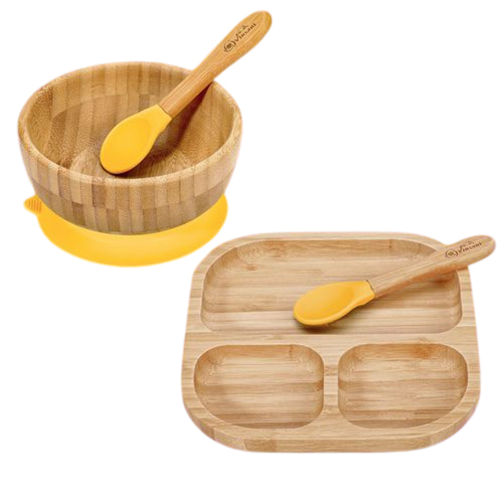Emmy Jane -Baby Bowl Set - Bamboo Bowl Plate & Spoon Set - Suction Plate Stay-Put Base. Made from all-natural hypoallergenic bamboo and food-grade silicone to protect your child from BPA, phthalates, and other toxins.