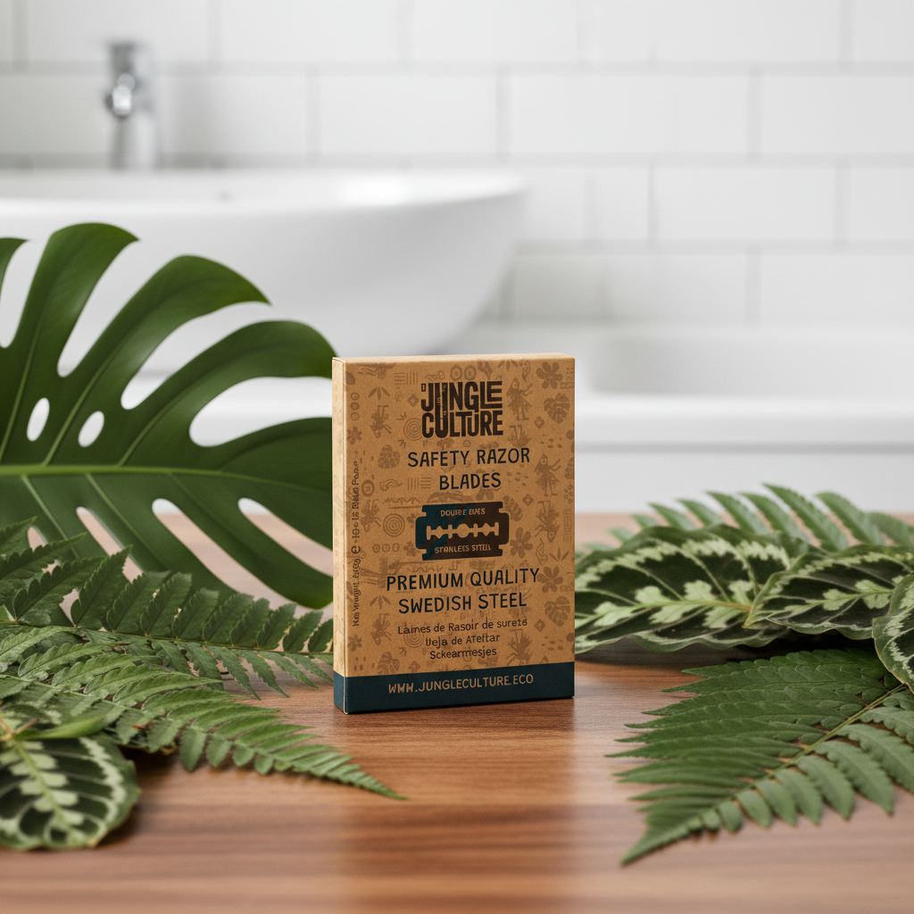 A boxed pack of JUNGLE CULTURE safety razor blades stands on a wooden surface, surrounded by large green leaves, with a blurred bathroom sink and white subway tile in the background.