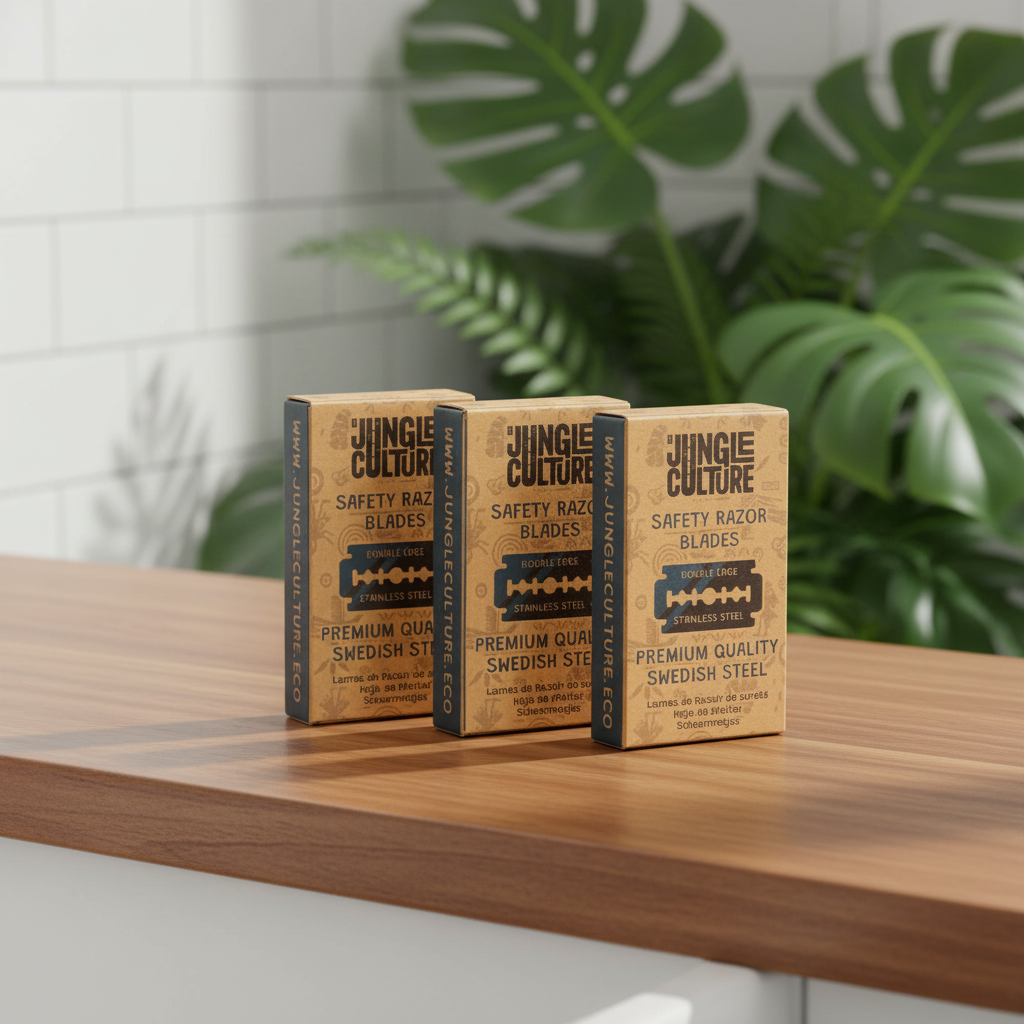 Three boxed JUNGIE CUCURE safety razor blades standing on a wooden countertop, with a blurred bathroom background and large green plant leaves behind them.