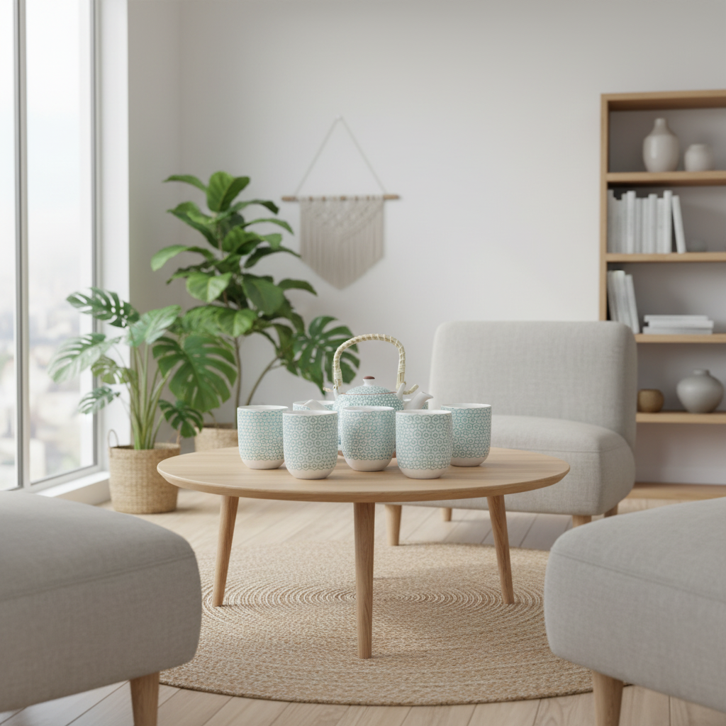 Modern living room with a round wooden coffee table, chairs, and decorative plants.