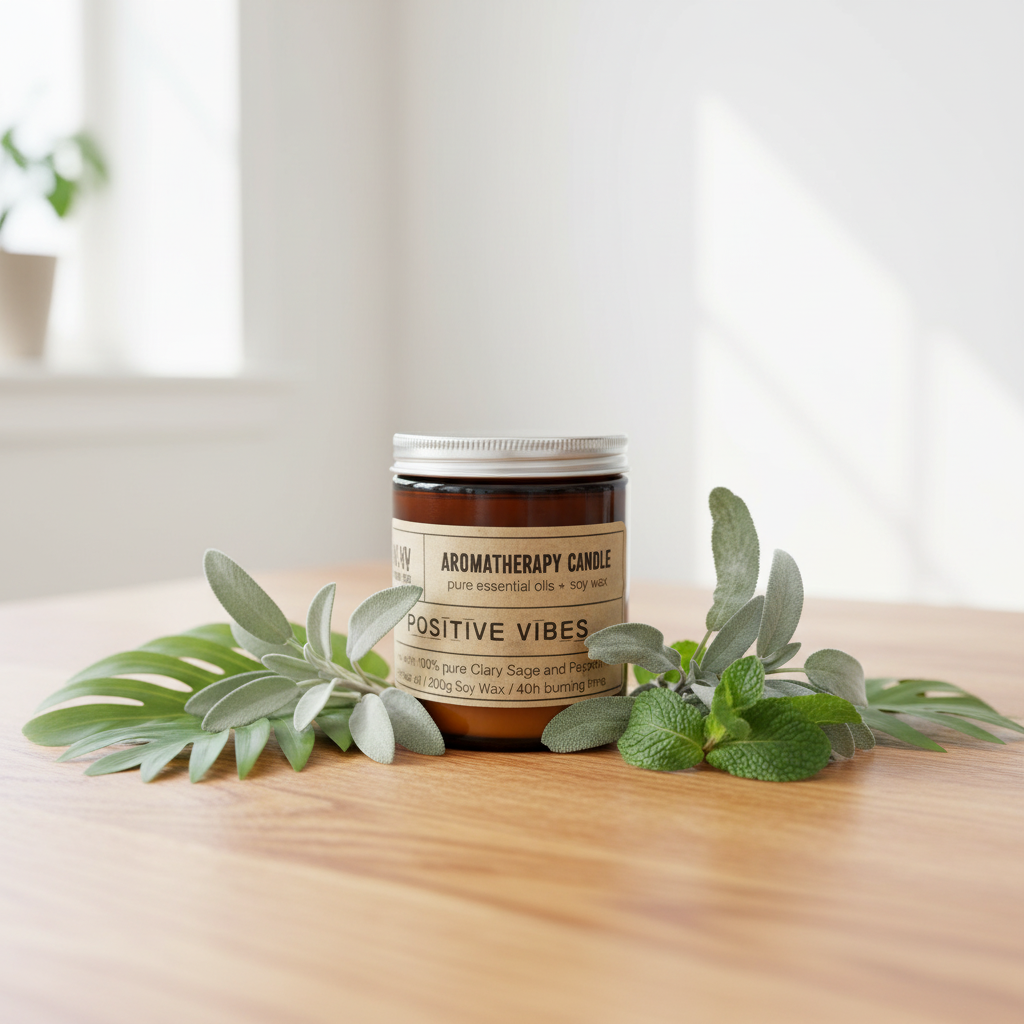 Aromatherapy candle labeled 'Positive Vibes' on a wooden surface with green leaves.