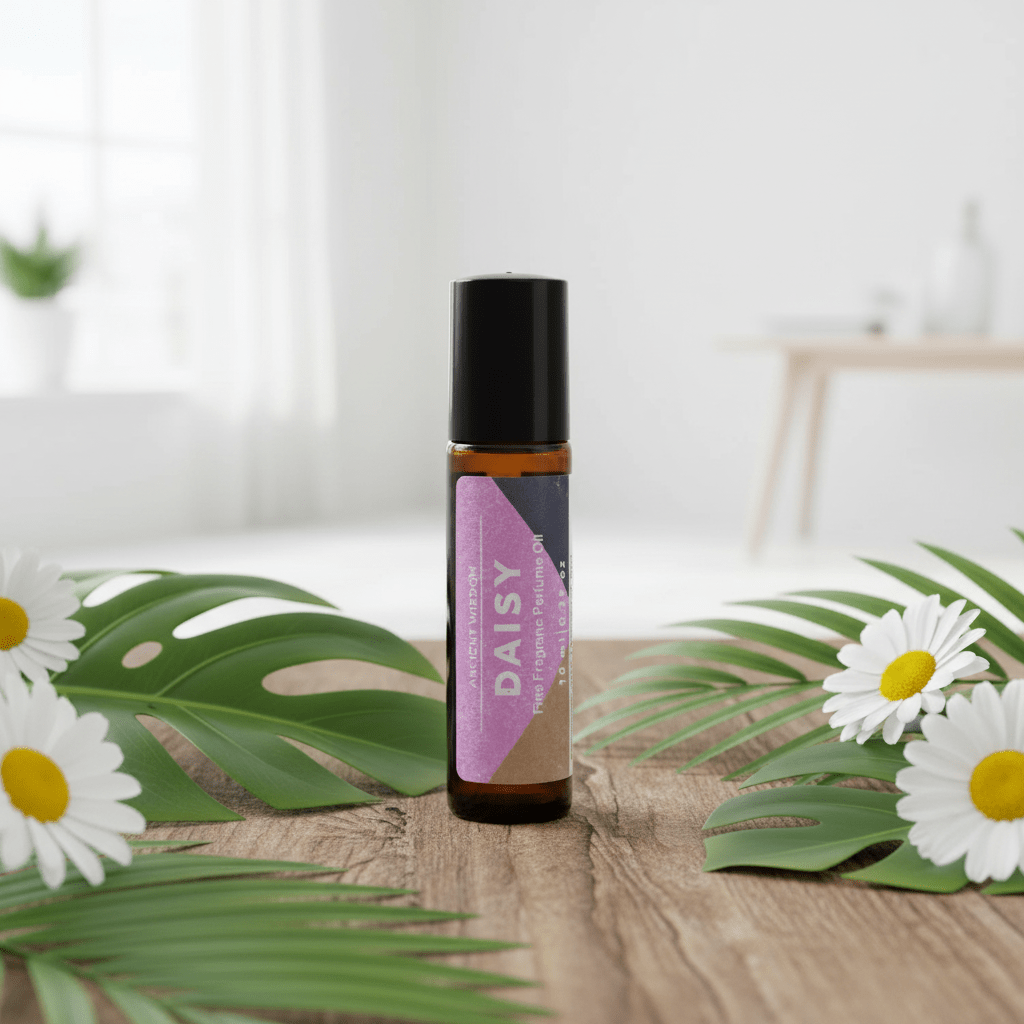 Roll-on bottle labeled 'Daisy' with daisies and leaves on a wooden surface
