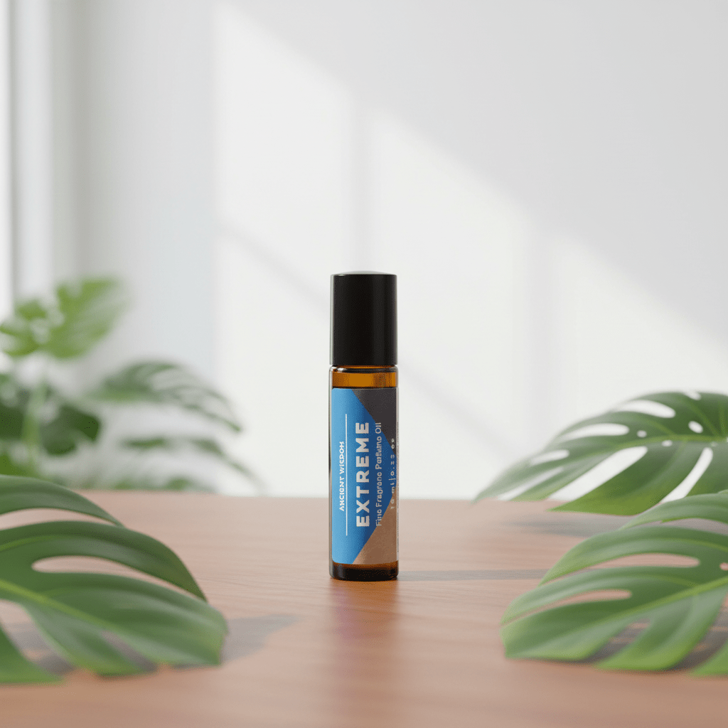 Roll-on perfume oil bottle labelled 'Extreme' on a wooden surface with green leaves in the background