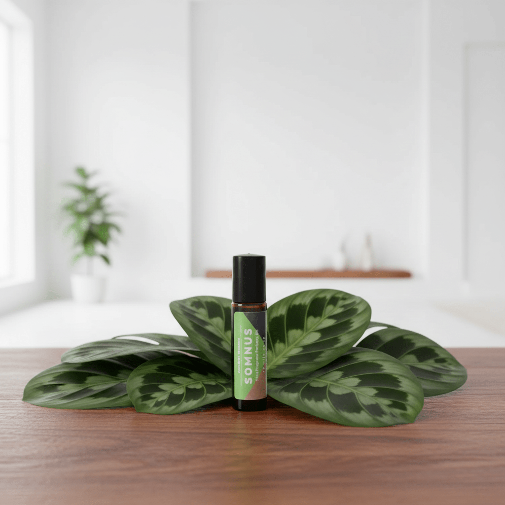 Roll-on perfume oil bottle labelled 'SOMNUS' on a wooden surface with green leaves