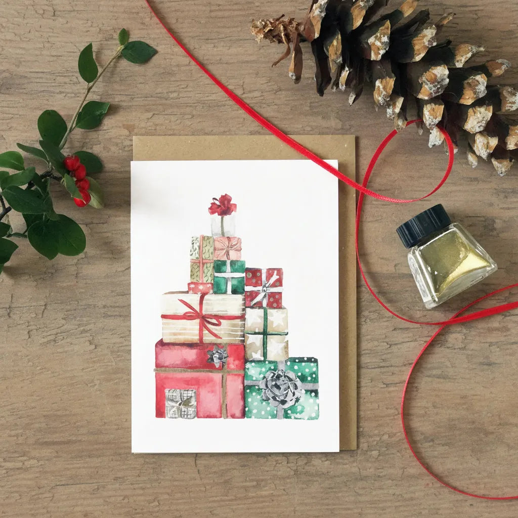 Katie Hipwell Design Handpainted Christmas Card  Wrapped Presents Greeting Card Pack Arts & Entertainment > Party & Celebration > Gift Giving > Greeting & Note Cards >Christmas Cards > Blank Christmas cards > Handpainted Christmas Cards emmy-jane-boutique.myshopify.com
