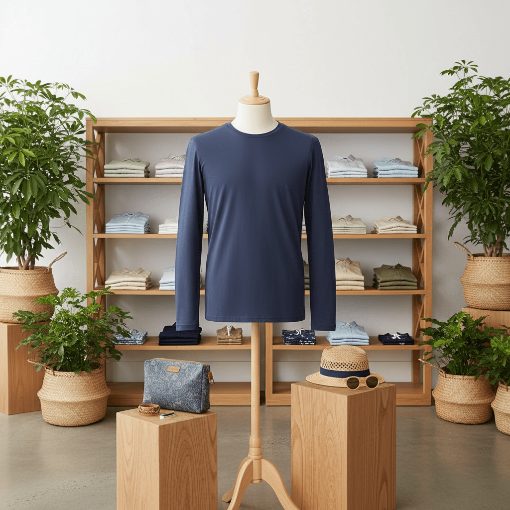 Mannequin wearing a blue long-sleeve t-shirt with a shelf of folded clothes and plants in the background.
