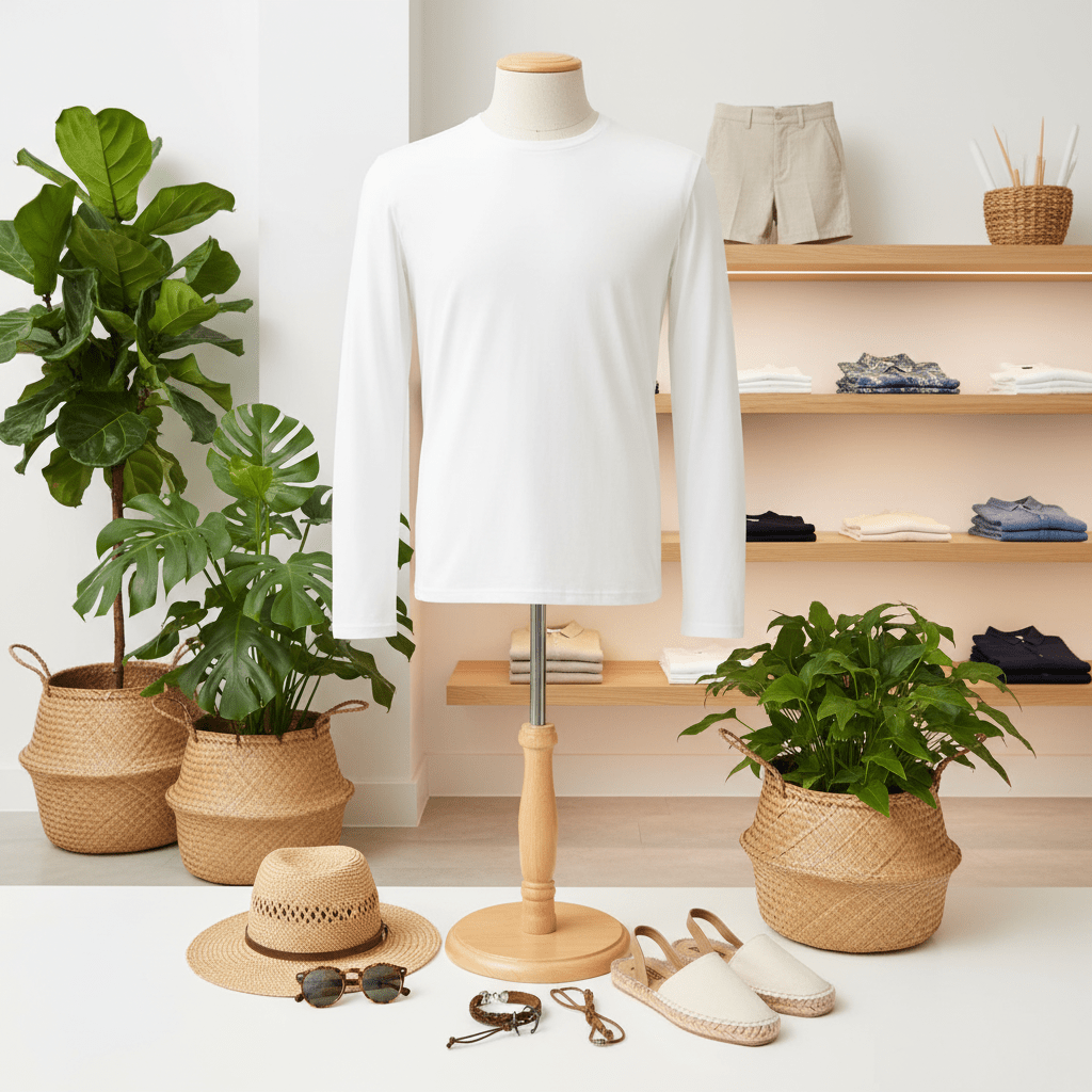 Mannequin wearing a white long-sleeve t-shirt with a shelf of clothing and plants in the background.