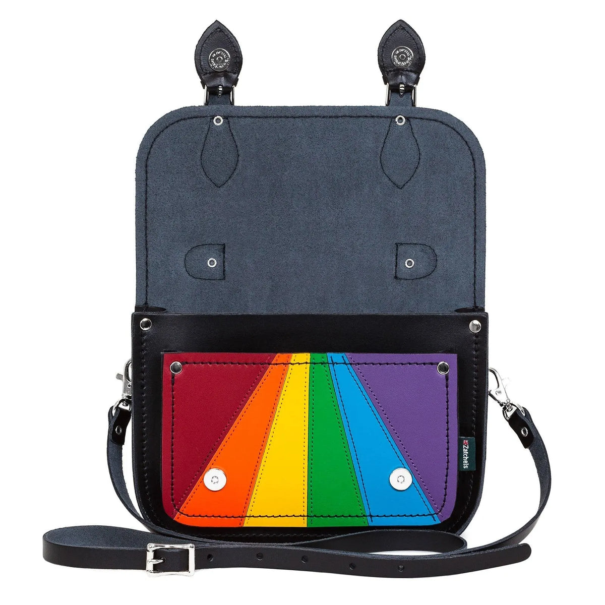 Zatchels Pride midi satchel with flap open, showing magnetic fasteners and rainbow front pocket.