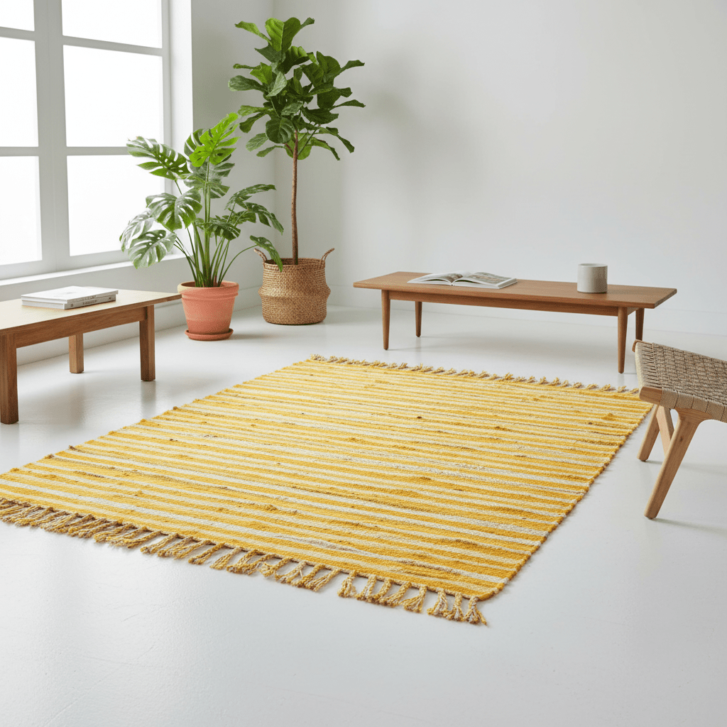 Yellow striped rug on a white floor with wooden furniture and plants in a bright room.