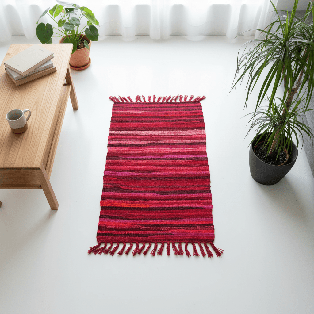 Striped red and pink rug on a white floor with a wooden table and plants.