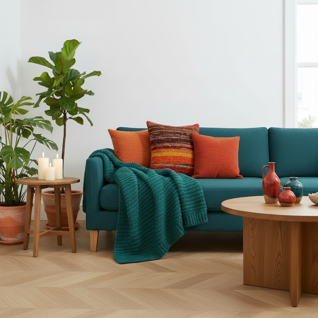 A teal blue-green sofa in a bright living room, styled with orange and patterned throw pillows, a matching teal knit blanket draped over the arm, a wooden side table with candles, and a round wooden coffee table with ceramic vases.