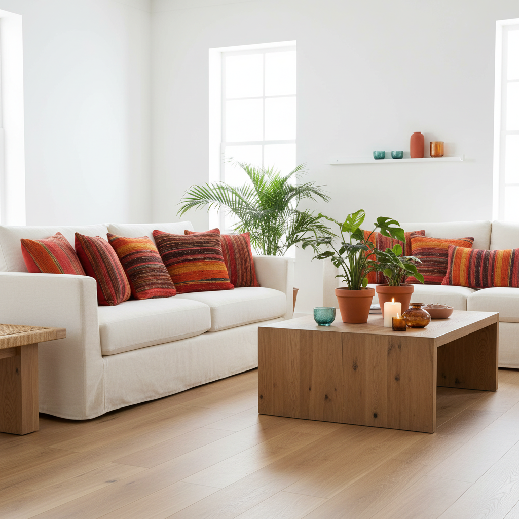 A bright, modern living room featuring a white fabric sectional sofa adorned with multiple striped and solid orange, red, and brown throw pillows. In front of the sofa is a light wood coffee table decorated with potted green plants, small glass vessels, and candles.